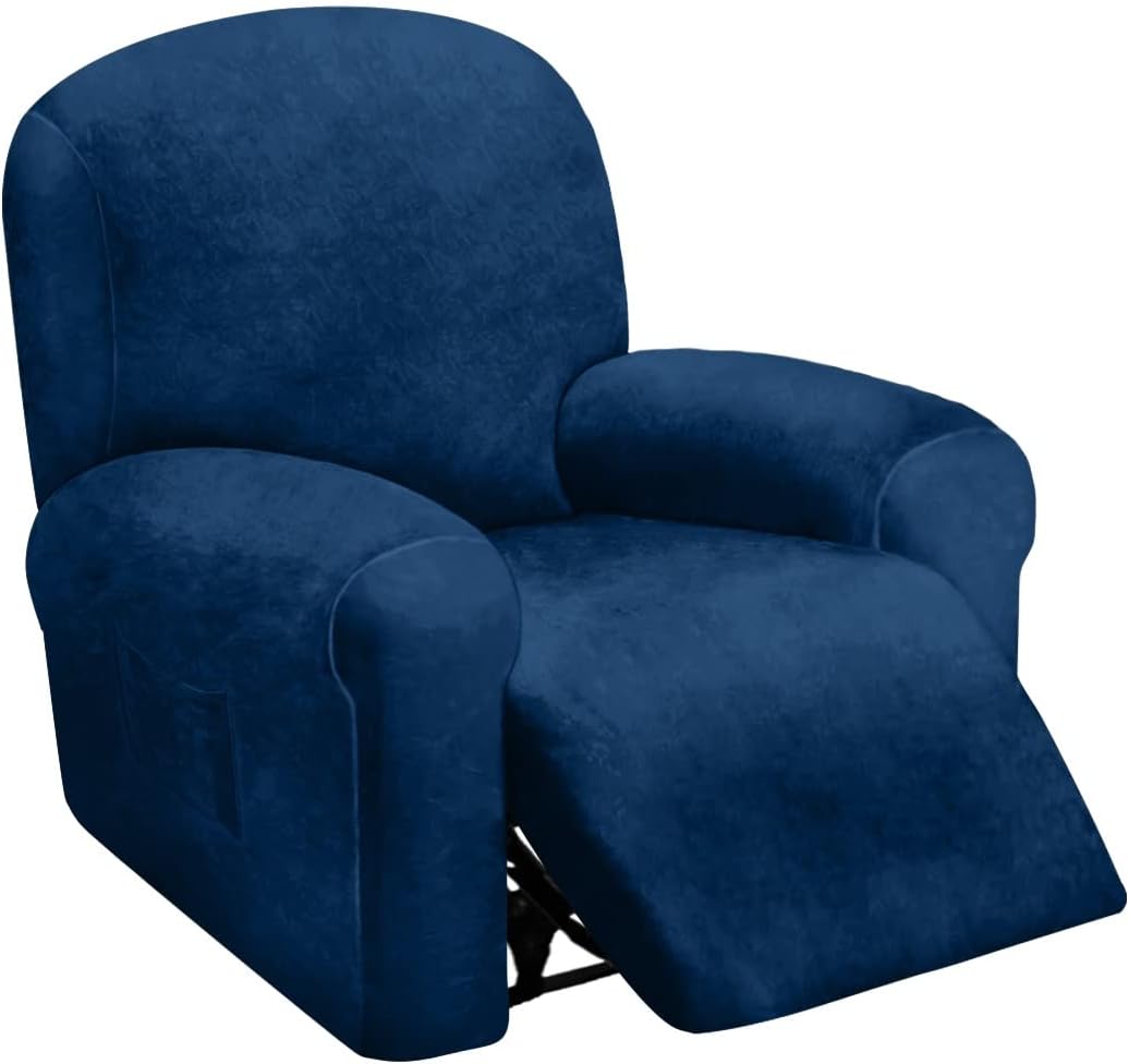 ULTICOR 4-Piece, 1 Seat Recliner Cover, Velvet Stretch Reclining Chair Covers for 1 Cushion Reclining Sofa, Single Seat Recliner Couch Cover, Thick, Very Soft, Machine Washable (Navy)