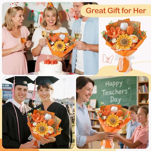 Ramo de flores de ganchillo naranja de tejer decoración hogar flores artificiales 3