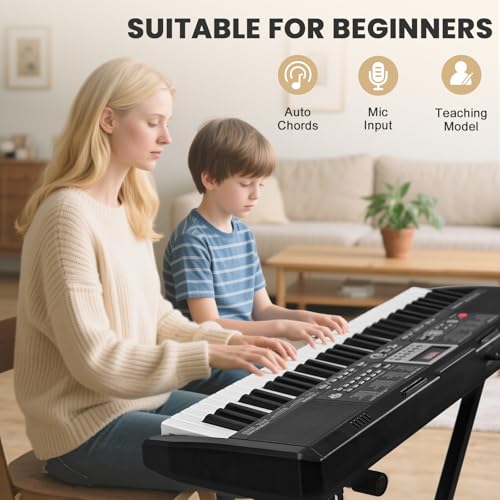 Image of 33 inch 61-Key Electronic Keyboard Piano for Beginners, 200 Tones | Digital Music Keyboard, 200 Voices, Built-In Speaker, Headphone Jack, Recording, Metronome, Stand and Mic Included