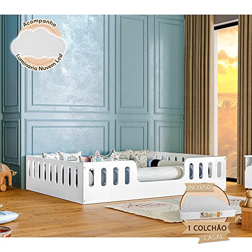 Cama Montessoriana Casal Com Colchão Helo Infantil Branca + Luminária