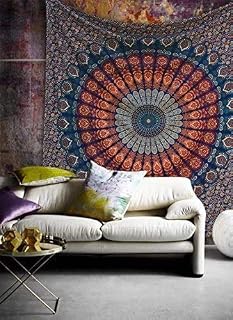 RAJRANG BRINGING RAJASTHAN TO YOU Wall Tapestry for Bedroom 127 x 152 cm Peacock Mandala Hanging Art Tapestries Boho Indian Cotton Hippie Beach Throw Blanket for Home Living Room Decor Golden Blue