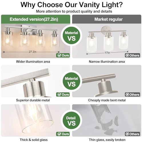 Image of MOKATNG 4-Light Bathroom Light Fixtures, Vanity Light with Clear Glass Shades, Brushed Nickel Bathroom Light Fixtures Over Mirror, Modern Bathroom Wall Lamp for Mirror Living Room Cabinet Bedroom