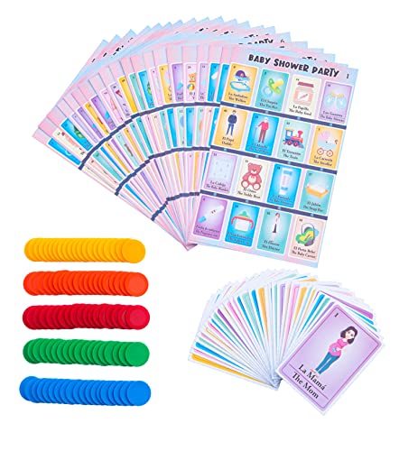 Baby Shower Bingo Kit - Bilingual English Spanish, for 20 Players - Includes 1 Deck of Cards and Boards - with 100 Bingo Chips - Juegos para Baby Shower en Español - Great for Learning Spanish.