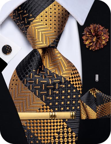 Image of YourTies Striped Plaid Ties for Men Silk Formal Necktie Set | 3.15 inch(8cm) Woven Jacquard Mens Ties with Necktie Pocket Square Cufflink Tie Clip Lapel Pin for Wedding Business Party
