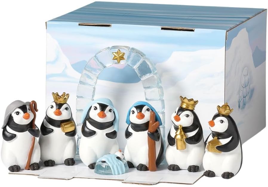 Roman Penguin Pageant Nativity Set – 7-Piece Hand-Painted Christmas Figurine Set – Adorable Arctic Nativity Scene with Ice Arch and Wise Penguins