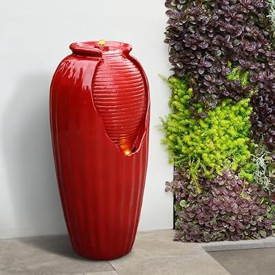 Teamson Home 32" Glazed Red Outdoor Water Fountain - Outdoor Décor Freestanding Floor Feature with Built-in LED Light, Glossy Red