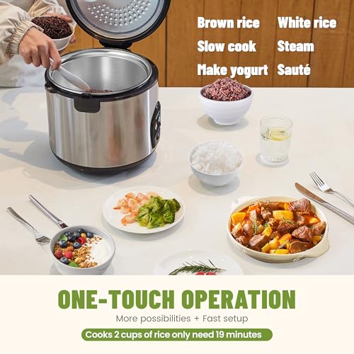 Image of 5-Cup Uncooked Rice Cooker, Electric One-Touch for Asian Japanese Sushi, Stainless Steel Inner Pot with Removable Lid & Steamer, Automatic Keep Warm, Silver