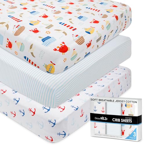 Image of Fitted Nautical Crib Sheets (3 Pack) by GROW WILD - Jersey Knit Cotton Crib Sheet for Boys, Toddler Bed Mattress & Baby Boy Crib Bedding Set, 52” x 28” x 9” Baby Sheets (Nautical and Stripes)