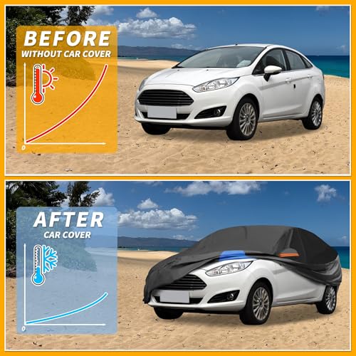 Image of All-Weather Waterproof Car Cover - UV-Resistant Outdoor Full Exterior Protection for Ford Fiesta Sedan 210D-PU Black Blue with Right Side Zipper