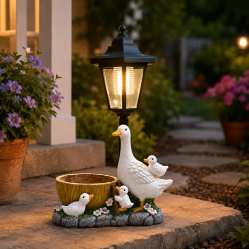 FunPlay 2026 Garden Duck Statues with Solar Lantern Flowerpot Outdoor Decoration Duck Figurines Yard Art Sculptures for Patio Lawn Backyard Porch Ornaments Indoor or Outdoor Decorations