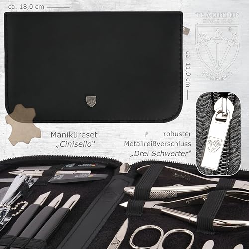 Foto von DREI SCHWERTER - 16-tlg. Maniküre Pediküre Set 'Cinisello' hochwertiges Nageletui aus Echtleder für die hand- und Fußpflege Inhalt: Nagelschere, Nagelknipser, Pinzette und vieles mehr!