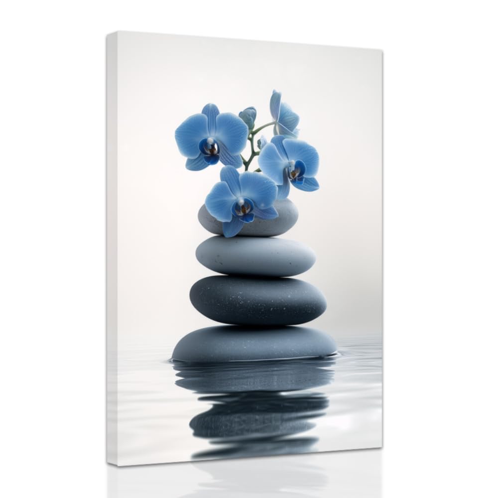 ZXHYWYM Zen Wall Art Stones Picture Orchid Canvas Painting Blue Zen Water Prints Spa Bathroom Decor Meditation Yoga Room Office Home Framed (30 x 45 cms)