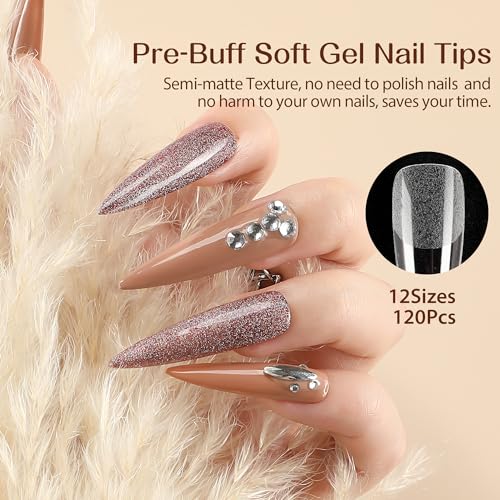 Image of UNA GELLA Stiletto XXL Nail Tips No Need File Extra Long Stiletto Nails Full Cover 120PCS Long Almond Gel Nail Tips Pre-buff Press on Fake Nails for Gel Nail Extension Home DIY Salon 12 Size