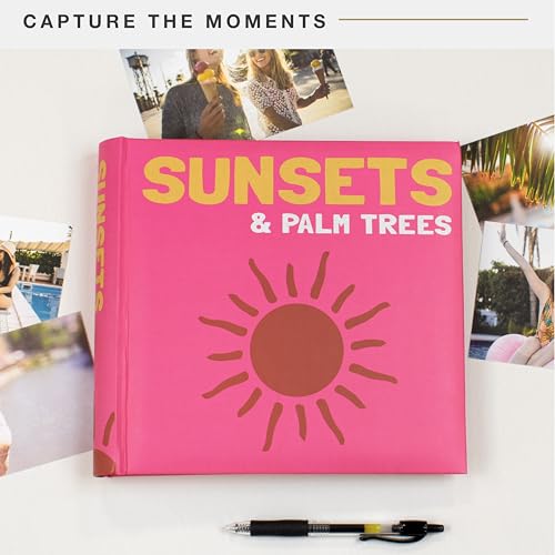 Image of MCS Sunset and Palm Trees Pink Photo Album Holds 200 4x6 Photos with Memo Space, Clear Side-Loading Pockets - Scrapbook Style Keepsake for Vacations & More - A Thoughtful Gift