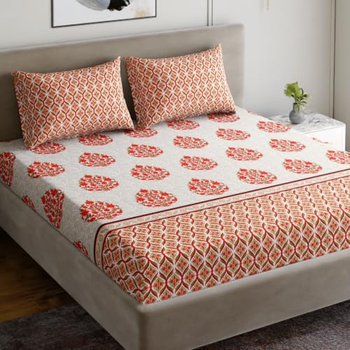 Image of Home Ecstasy 100% Cotton Double Bedsheet with 2 Pillow Covers - (Size 87 x 94 inches, 140 TC, Colour - Red)