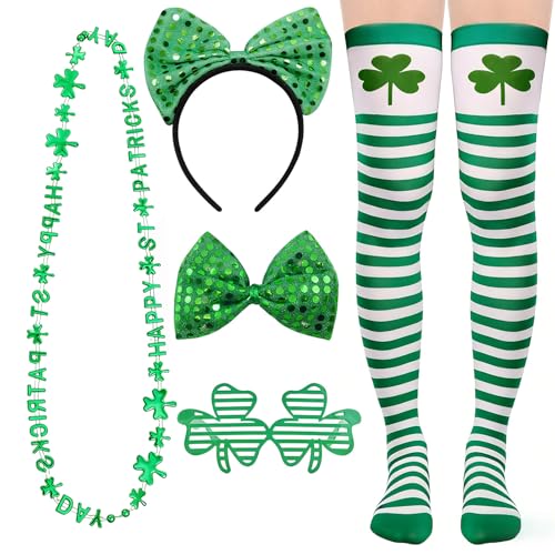 5pcs Accessoires de la Saint-Patrick, Chaussettes Saint Patrick, Nœud Papillon, Collier Trèfle,Monture de Lunettes, Bandeau, pour la Fête Irlandaise Carnaval, la St Patricks Day, Fête, Défilés Costume