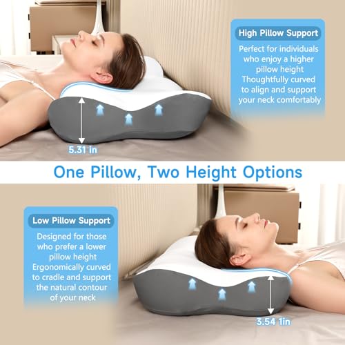 Image of Cervical Neck Pillow with 2 Heights (5.31 /3.54 in), Queen Size Bed Pillow with Cooling Pillowcase, Contoured Memory Foam Pillow for Side, Back & Stomach Sleepers, Ergonomic Pillow for Neck Pain Relief