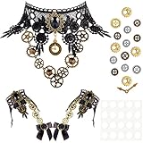 19 Pieces Gothic Steampunk Gear Choker Necklace Punk Black Choker Lace Necklace Steampunk Bracelets Gothic Wristband Ring Steampunk Gear Eye Decals with Adhesive Glue Points Set (Popular Style)