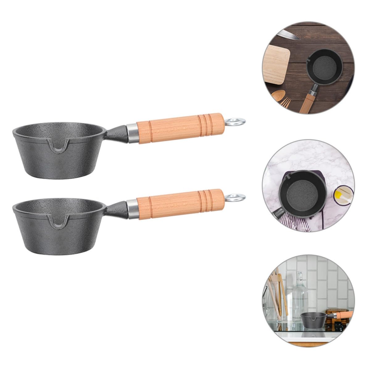 UKCOCO Gusseisen Topf mit Holzgriff 2 Stück 11cm Durchmesser 5cm Höhe für Indoor Küche und Restaurant Backen und Kochen Öltopf und Butterpfanne