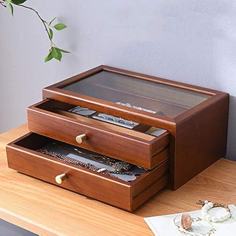 Paulownia Wooden Jewelry Box, 2 Layer Jewelry Storage Organizer with Drawer Cover
