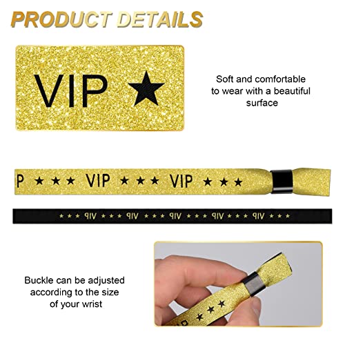 Image of 100 Pcs VIP Wristbands for Events, Premium Cloth Fabric Wrist Bands with Shimmering Lurex Jacquard Weaving, Adjustable Disposable Security Lock Bracelets for Festivals, Nightclubs and Party,Gold