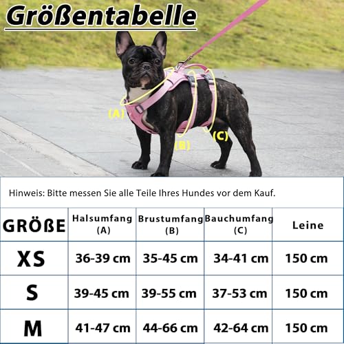 Wuffley Hundegeschirr mit Leine, Sicherheitsgeschirr Hund Ausbruchsicher, Anti Zug Hundegeschirr mit Assistenzgriff und Reflektierende, Leichtes Verstellbare Geschirr für Mittelgroße Hunde (Rosa,XS)