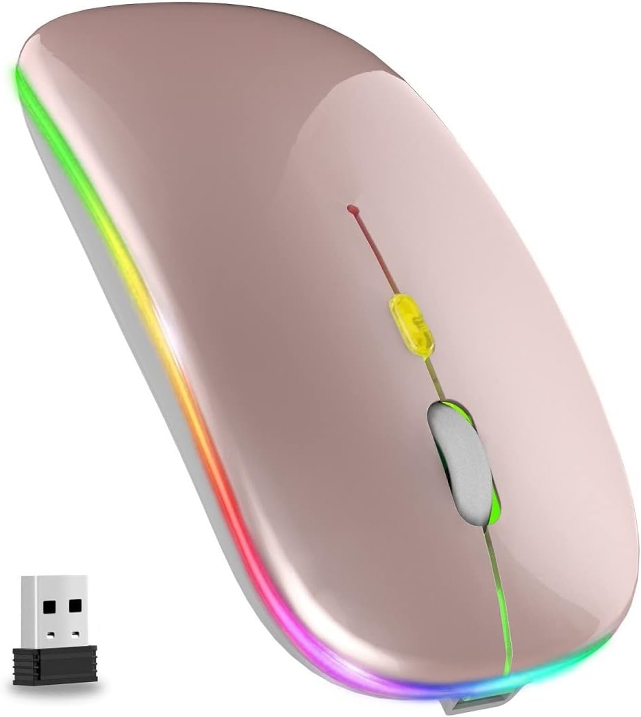 GLOBAL TECH Wireless Mouse, Rose Gold, 2.4GHz, USB Rechargeable, 3 Adjustable DPI Levels, LED Lights, Plug and Play