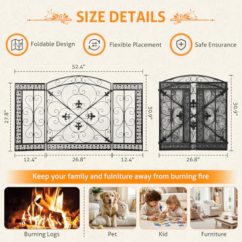 Image of WICHEMI 3 Panel Fireplace Screen for Fireplace Cover Fireplace Screens Stand Alone 52.4 x 31inch Wrought Iron Black Metal Spark Guard Fireguards Mesh Cover Fence Fire Place Standing Gate (Style 3)