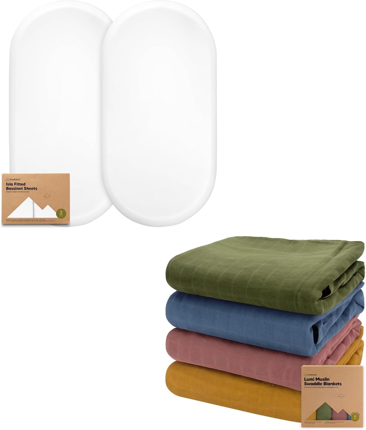 Keababies 2-Pack Bassinet Sheets for Girls, Boys and 4-Pack Muslin Swaddle Blankets for Baby Boys, Girls - Bamboo Viscose Bassinet Mattress Sheets - Organic Baby Blankets, Newborn Receiving Blanket
