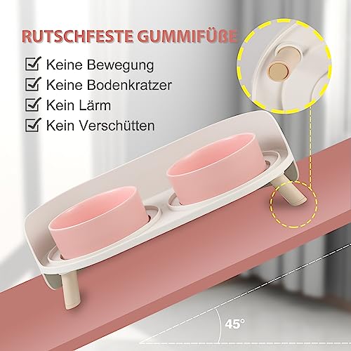 Katzen Napfset Katzennapf Erhöht Keramik - Doppelt Katzennäpfe mit Rutschfestem Ständer und Spritzschutz - Fressnapf Katze Napf - Futternapf Wassernapf Set für Katzen Welpen Kleine Hunde - 2 x 480 ML
