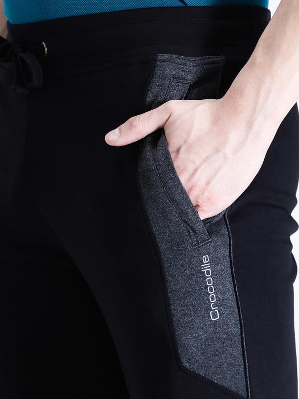 Image of CROCODILE Men Solid Slim Fit Track Pant | Mid Rise | Drawstring Waist | Regular Length | Casual Sports Lounge Bottomwear Navy Melange