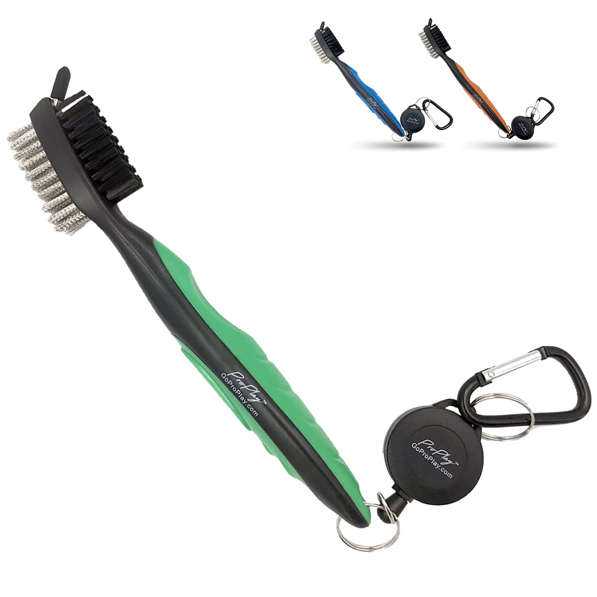 ProPlay Golf Club Brush and Groove Cleaner | Retractable Zip-line Aluminum Carabiner | Lightweight and Ergonomic Design | Easily Attaches to Golf Bag, Green