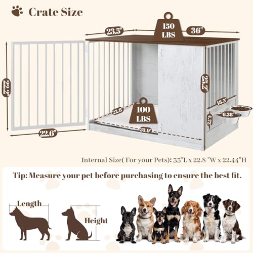Dog Crate Furniture for Large Dogs, 36" Indoor Wooden Dog Kennel with 270° Swivel Door & 360° Rotating Feeder, Decorative Heavy Duty Dog House with Double Locks & Bowls, White - Image 3