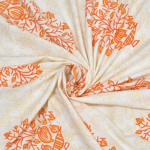 Image of BLOCKS OF INDIA Hand Block Printed 200 TC Cotton King Size Bedsheet (Orange Pot)