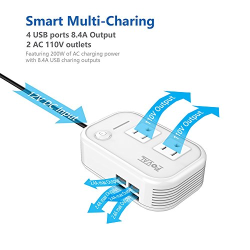 Foval 200W Car Power Inverter DC 12V to 110V AC Converter with 4 USB Ports Charger (White)