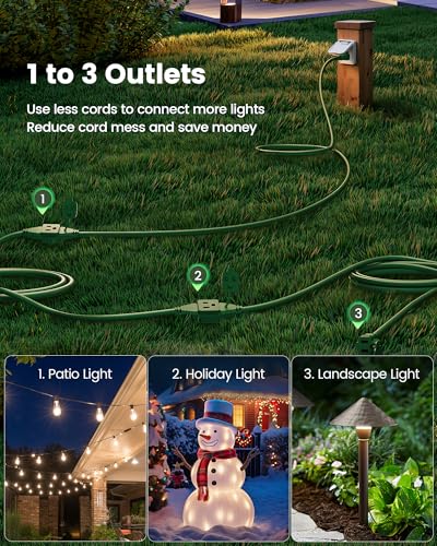 Image of Suraielec 25ft Outdoor Extension Cord with Multiple Outlets 3 Outlet Power Cord 16 /3 Gauge SJTW Weatherproof for Landscape Christmas Tree Lights