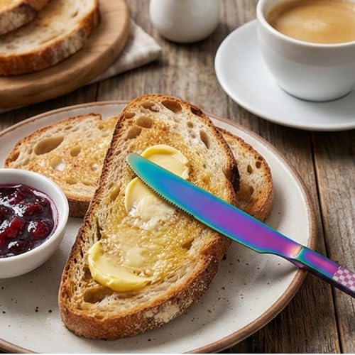 Image of 9 inch Rainbow Steak Knives Set of 5 with Checks Printed Handle ? Durable Stainless Steel Dinner Knife, Mirror Polished Silverware, Perfect for Home, Restaurant, and Gifting