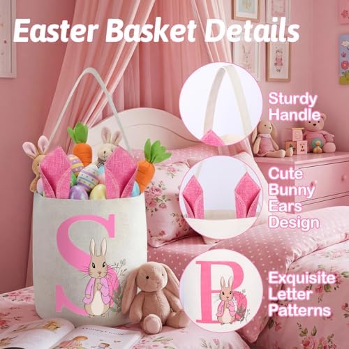 OXYEFEI Easter Baskets for Kids,Pink Personalized Easter Basket with Initial for Girl Boy Kids (A, Pink) - 5