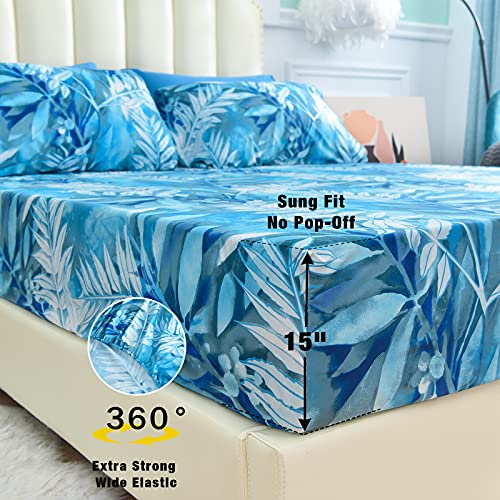Image of JSD Blue Tropical Leaves Print Sheet Set Full Deep Pocket | 4 Piece Soft Botanical Microfiber Sheets, OEKO-TEX Certified, Easy Care