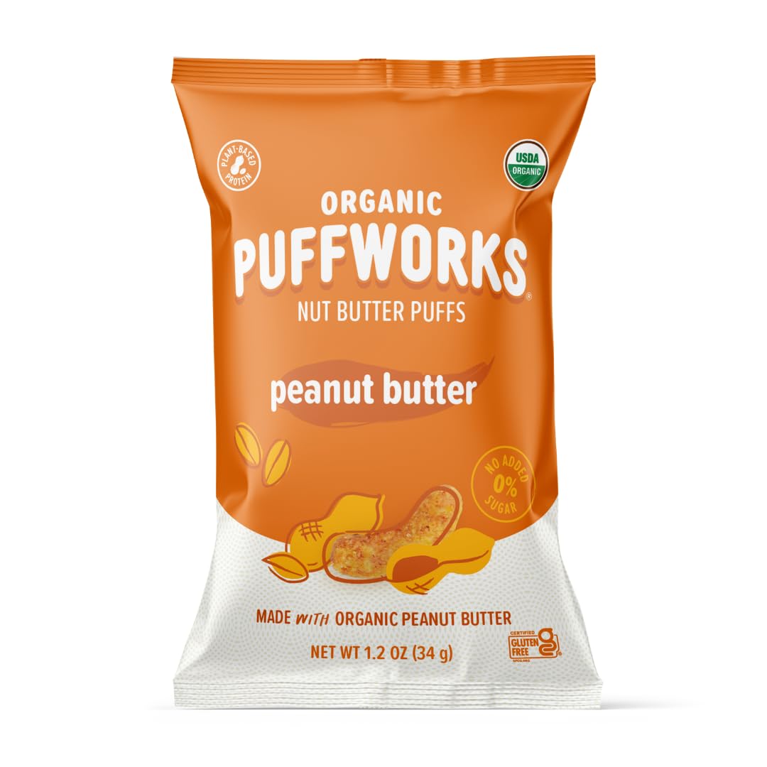 Puffworks Original Organic Peanut Butter Puffs, 1.2 Ounce (Pack of 6), Plant-Based Protein Snack, Gluten- and Rice-Free, Vegan, Kosher