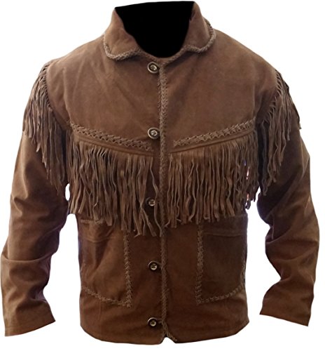 SleekHides Men's Western Fringed Cowboy Suede Leather Jacket Suede Brown X-Large