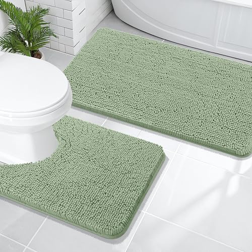 Image of OLANLY Bathroom Rugs Sets 2 Piece, Soft Absorbent Chenille Bath Mats and U-Shaped Contour Toilet Mat Area Rug Set, Machine Washable Bath Carpet, Home Decor Accessories(47 inchx20 inch+24 inchx20 inch, Sage Green)