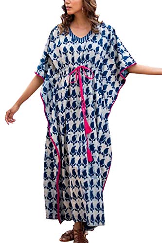 YouKD Algodón Kaftan Vestido de patrón étnico Bohemio Beach Bikini Cover Up Robe Camisón de Talla Grande para Mujer Cover
