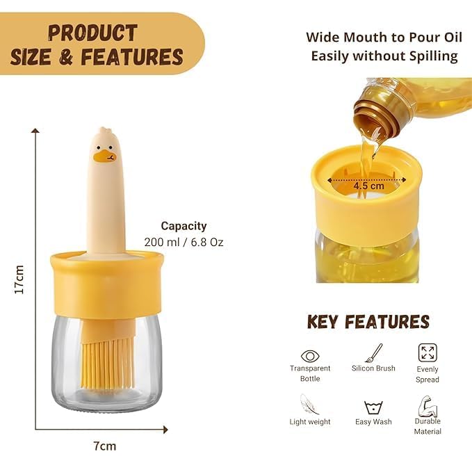 Image of Plastic Oil Dispenser Bottle with Silicone Brush | 200ML Leakproof Premium Jar | Kitchen Basting Brush for Cooking, BBQ Grill Frying Baking, Air Fryer,