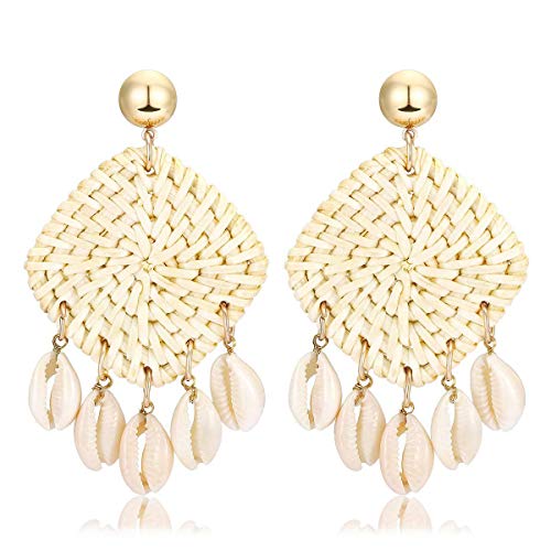 ATIMIGO Rattan Shell Earrings Handmade Straw Wicker Braid Woven Drop Earrings Boho Cowrie Shell Chandelier Statement Dangle Stud Earrings for Women Girls