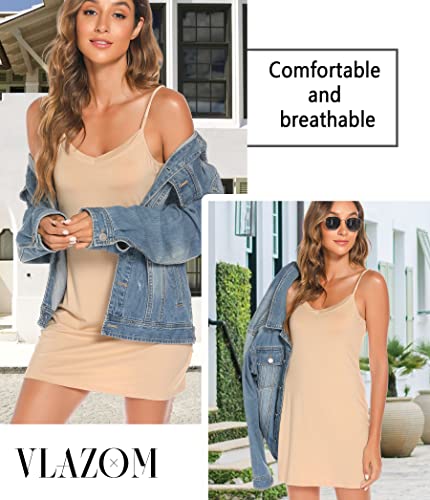 Vlazom Full Slips Dress For Women Basic Under Dress Adjustable Spaghetti Strap Cami Slip Mini Dress Sexy V Neck Nightwear Nude #TOP3