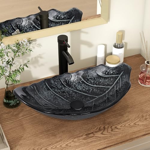 YU YUSING Lavabo Sobre Encimera con Grifo, Lavabo Baño de Cristal 56x34x17 cm, Lavabos de Lujo para Baño, Cocina, Aseo de Invitados, Tocador, Moderno Gris Plata, Forma de Hoja