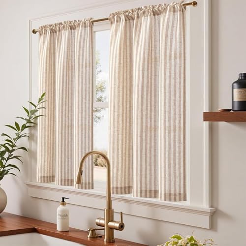 TOPICK Rideau Cuisine Court Brise Bise Lin Cache Placard Chambre à Rayures, Marron sur Beige 65 x 90cm (L x H) pour Cuisine Placard Fenetre, Rideaux...