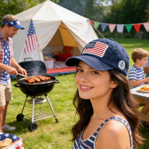Image of IZUS Women USA-Flag Baseball-Cap American Patriotic Baseball Hats Men's Distressed-Cotton Dad-Hat for Adult Teens