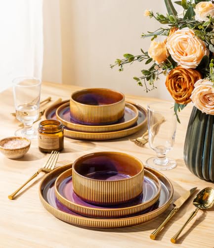 Image of TheTerra Ceramic Dinnerware Sets for 4, 12 Pieces Porcelain Lightweight Plates and Bowls Sets, Scratch Resistant Dish Set, Oven & Microwave & Dishwasher Safe, Amber Amethyst